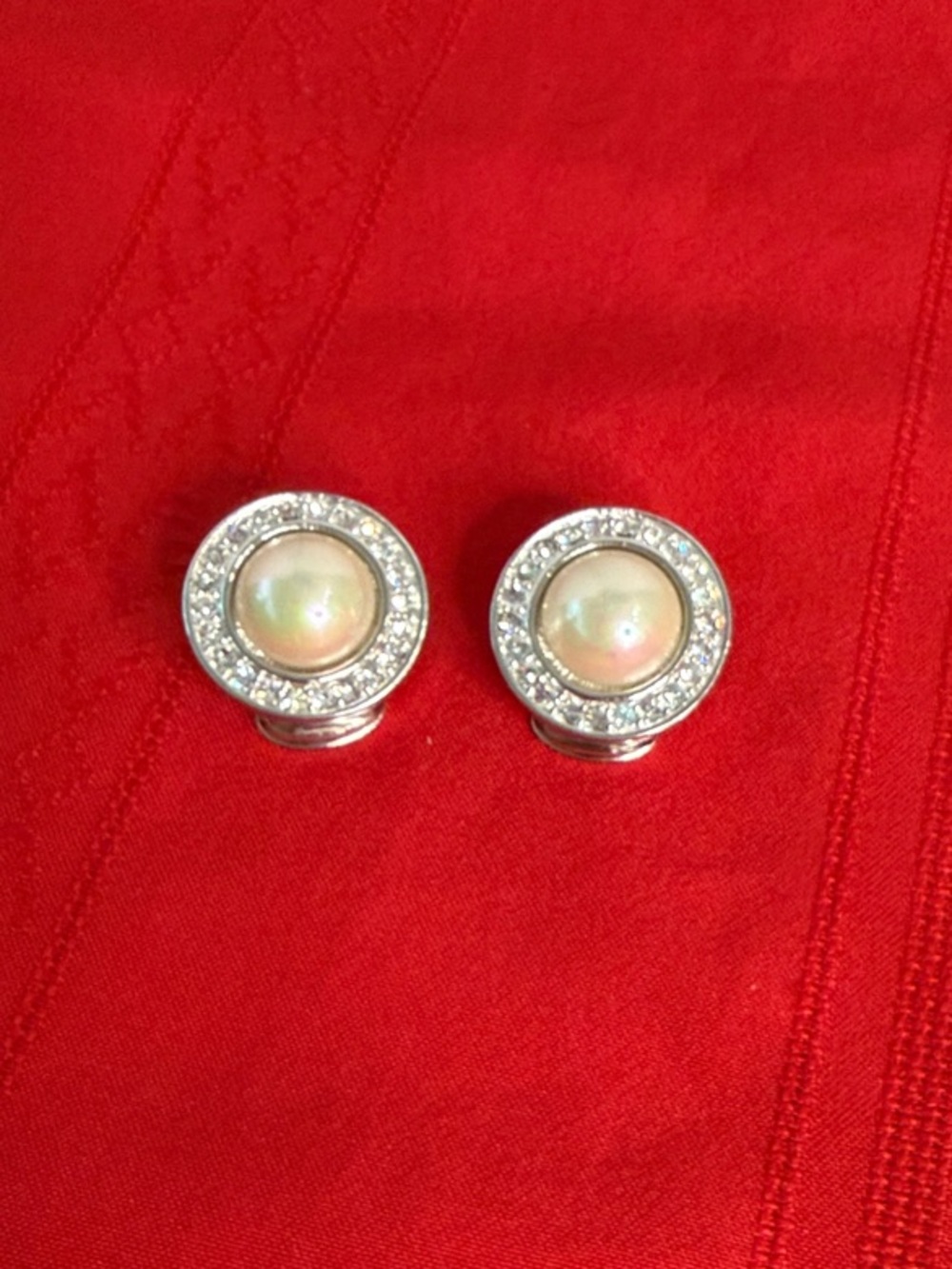 Christian Dior Earrings - Silver and Rhinestone Clips w/ Large Pearl Center